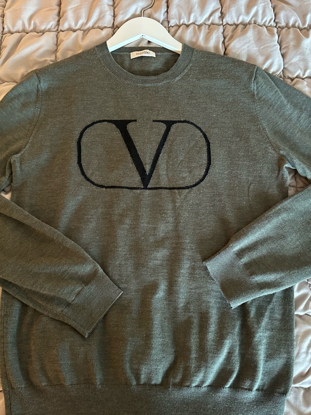 Valentino Olive Green V Logo Crewneck Sweater